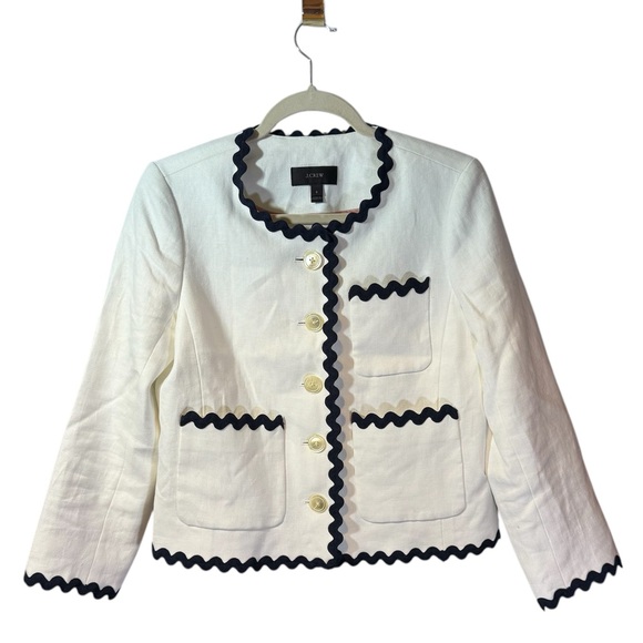 J. Crew Lady Blazer White Linen With Navy Ric Rac Trim Size 6 - Picture 2 of 9